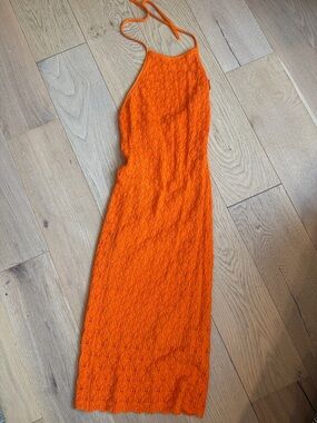 Alice + Olivia Vibrant Orange Crochet Halter Maxi Dress